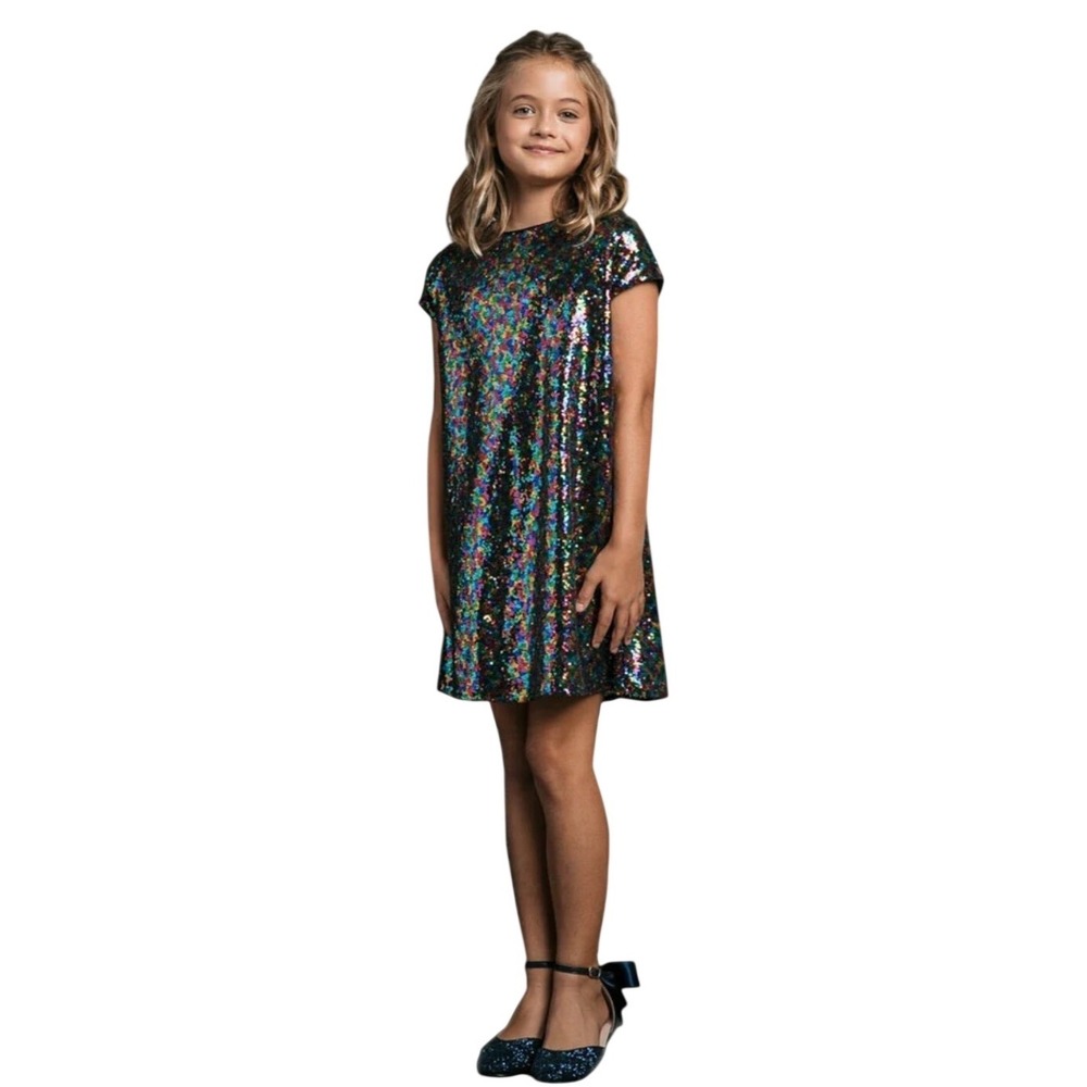 Petite Adele Girls Rainbow Sequin Shift Dress Multi Color Party Event Size 11-12